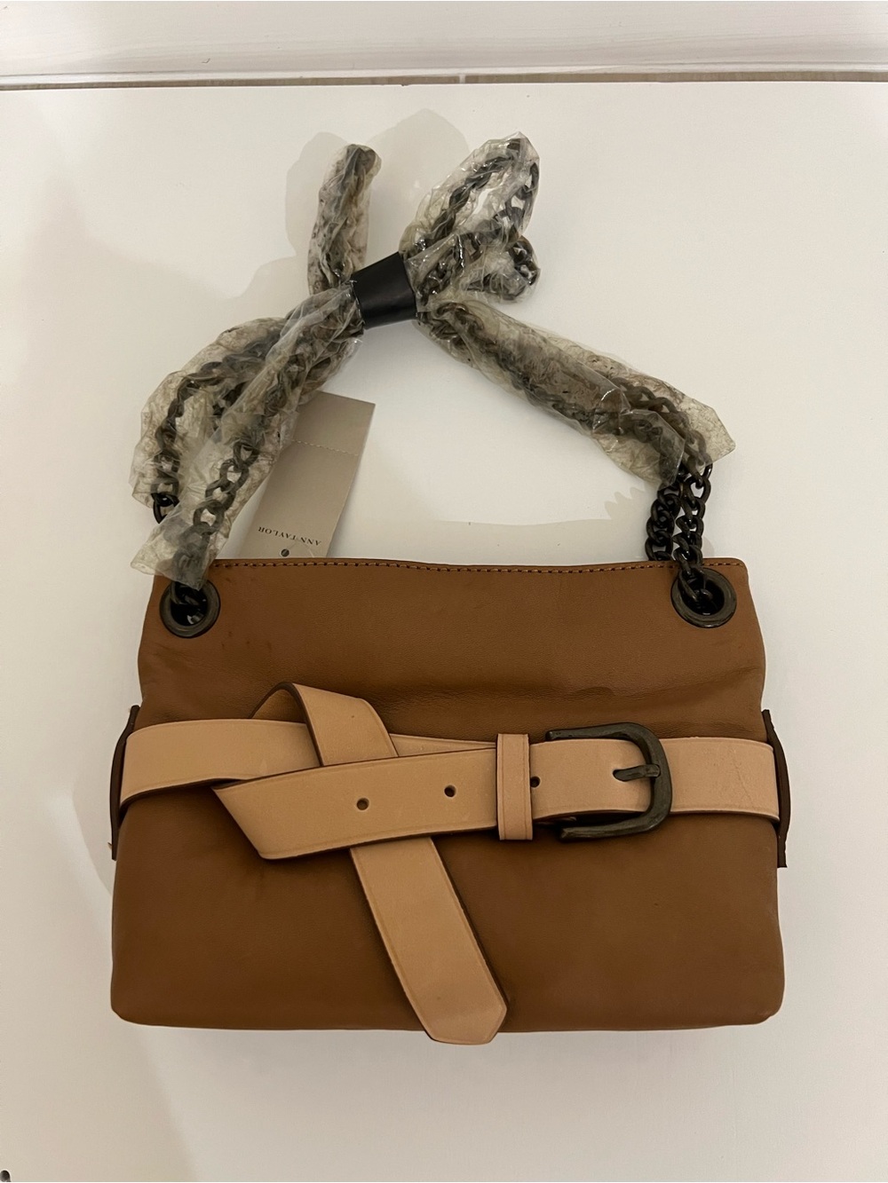 NWT Ann Taylor Brown Leather Belted Shoulder Bag with Metal Strap